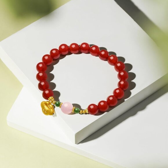 Sterling Silver Red Agate Beaded Ruyi Stretch Bracelets for Women - Handmade Nat - Picture 7 of 7